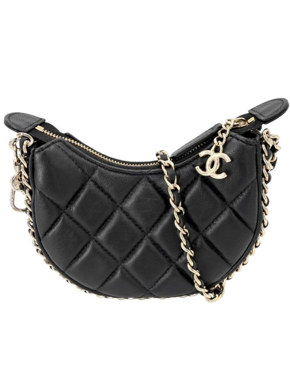 Chanel Shoulder Bag Quilted Mini Hobo Crossbody Lambskin Black Gold